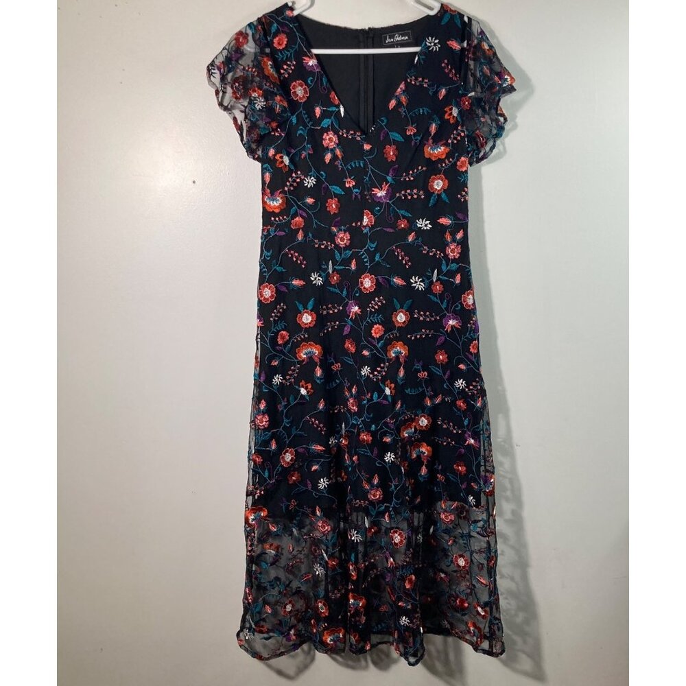 Womens Sam Edleman Pansy‎ Embroidered Mesh Floral Midi Dress 8 Black Orange